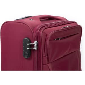 A burgundy wheeled bag with a zippered compartment and a lock mechanism on the side. It features a handle for easy transport.