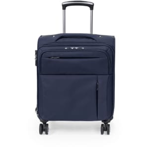 A navy wheeled trolley bag with a retractable handle and multiple compartments, including a front zip pocket.