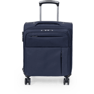 A navy wheeled trolley bag featuring a retractable handle and multiple zippered compartments, including a front pocket.