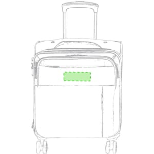 A wheeled bag with a retractable handle, featuring a front pocket and wheels for easy mobility. It has a logo.