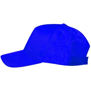 A bright blue cap with a curved brim and an adjustable strap at the back, featuring a logo.