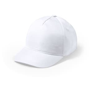 A white cap with a rounded crown and a curved brim, featuring a logo on the front.