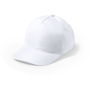 A white kids' cap with a structured crown and curved brim, featuring a logo on the front.