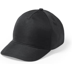 A black cap with a curved peak and a smooth finish, featuring a logo on the front.