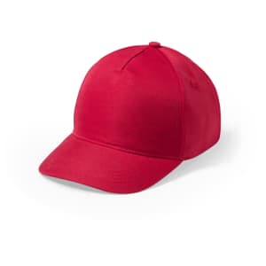 A red cap with a smooth finish and a curved peak. It features a logo on the front.