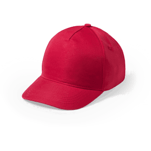 A red cap with a curved brim and a logo on the front, designed for kids' headwear.