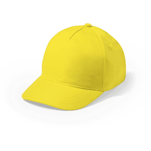A bright yellow cap with a curved visor and adjustable strap, featuring a logo on the front.