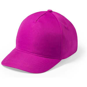 A pink cap with a rounded crown and a curved brim, featuring a logo on the front.