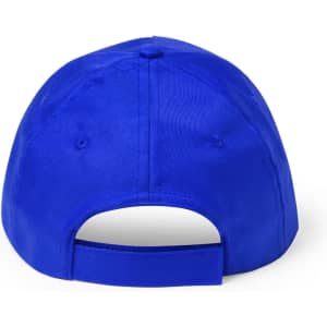 A blue cap with a curved brim and an adjustable strap at the back, featuring a logo.