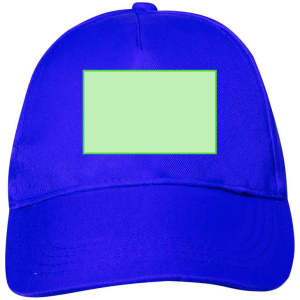A blue kids cap with a blank rectangular area for customisation. It has a structured design and a curved brim.