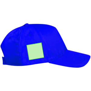 A blue cap designed for kids featuring a blank area for customization. It has a structured front panel and a curved brim.