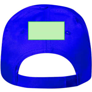 A bright blue kids cap with a flat brim and an adjustable strap at the back, featuring a blank green label.