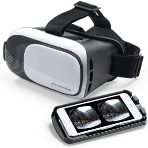 Virtual reality glasses in black and white, with a smartphone placed beside them. The glasses have a logo and adjustable strap.