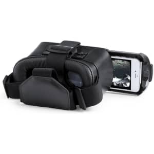 Black virtual reality glasses designed for smartphone use, featuring padded straps and an adjustable holder.