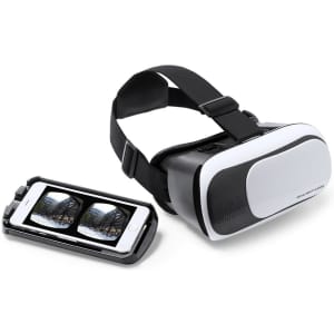 Virtual reality glasses in black and white, accompanied by a smartphone displaying a dual-screen image.