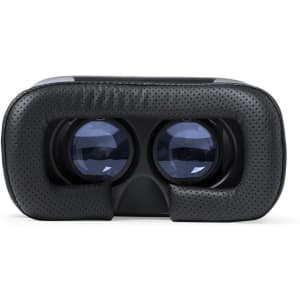 Virtual reality glasses in black with textured padding around the lenses, featuring a sleek design and a logo.
