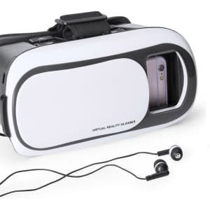 Virtual reality glasses in black and white, featuring a slot for a phone and a pair of earphones.