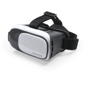 A pair of virtual reality glasses in black and white with adjustable straps and a sleek design.