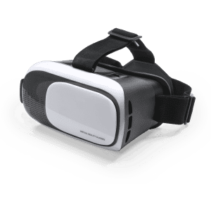 A pair of black and white virtual reality glasses with adjustable straps, featuring a logo on the side.