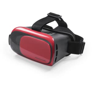 A pair of black and red virtual reality glasses with a strap for secure fitting. The glasses feature a textured surface.