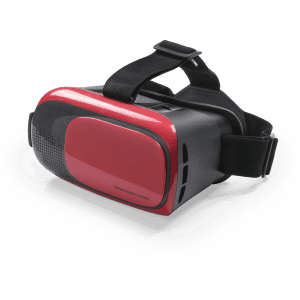 A pair of virtual reality glasses in black and red, featuring adjustable straps for a secure fit.