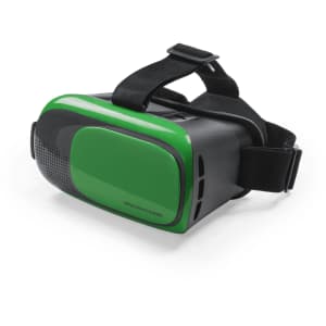 A pair of virtual reality glasses in green and black with a strap for securing on the head.