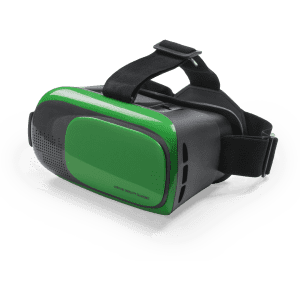 A pair of virtual reality glasses in black and green with an adjustable strap and a sleek design.