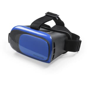 Virtual reality glasses in black with blue accents, featuring adjustable straps and ventilation openings.