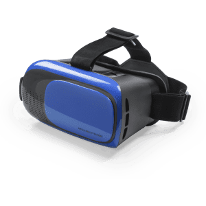 Virtual reality glasses in black and blue, featuring adjustable straps and a sleek design. The device has a logo on it.