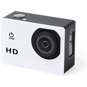 A compact white action camera with a black textured surface and a prominent lens, featuring a logo on the front.