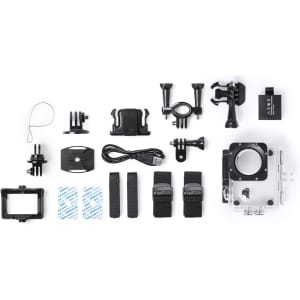An assortment of black and clear accessories for the Komir Action Camera including mounts, straps, and a USB cable.