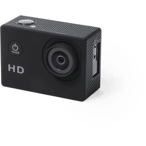 A compact black action camera with a textured surface, featuring a lens, mode button, and a logo.
