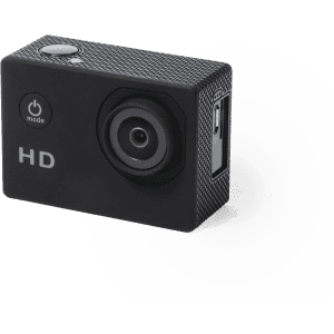 A compact black action camera with a textured surface, featuring a lens and buttons on the front.