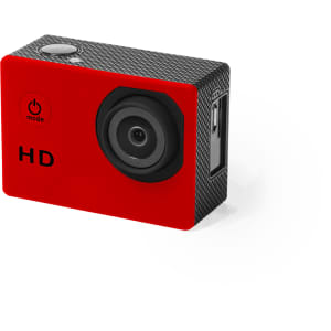 A red HD action camera with a textured black side, featuring a lens and a power button.
