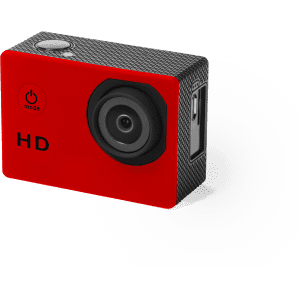 A red action camera with a textured surface, featuring a lens on the front and a power button on the side.