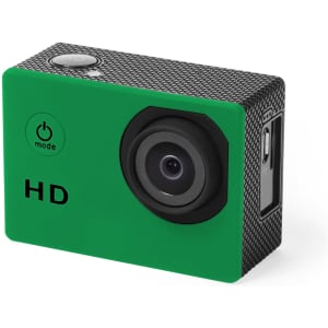 A compact green action camera with a textured surface and a lens on the front, featuring a logo.