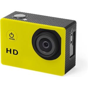 A vibrant yellow action camera featuring a black textured design and a front lens. It has a power button and a logo.