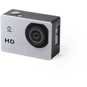 A compact silver action camera with a textured surface, featuring a lens and a logo.