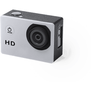 A compact silver action camera with HD branding and a textured design. Features a lens and a USB port.