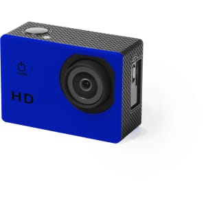 A blue action camera with a textured design, featuring a lens and a power button. It includes a logo.