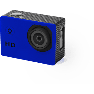 A blue action camera with a textured surface and a lens on the front, featuring a logo on the side.