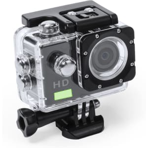 A compact black and clear action camera with multiple buttons and a mounting base, featuring a lens on the front.