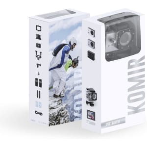 A packaging box for the Komir Action Camera, featuring images of outdoor activities and a sleek design in black and white.