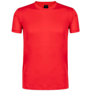 A red adult T-shirt with a crew neck and short sleeves, featuring a logo on the chest area.