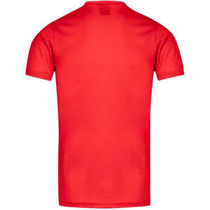 A red adult T-shirt featuring short sleeves and a simple design. It has a logo at the back.