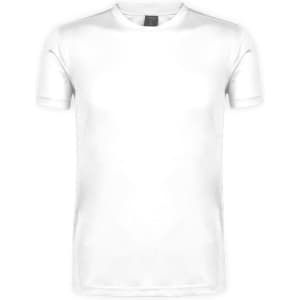 A white adult T-shirt with short sleeves and a simple design. It features a branding logo on the upper back.