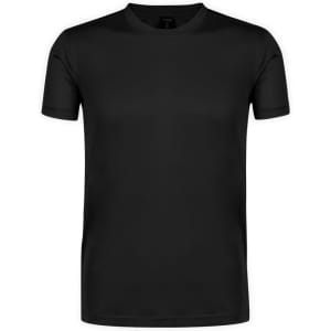 A black adult T-shirt featuring a crew neck design and short sleeves, with a logo on the label.