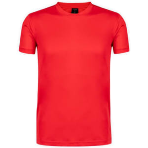 A red adult t-shirt with a classic crew neck design and short sleeves, featuring a logo on the label.