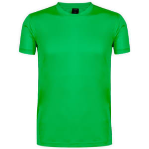 A bright green adult T-shirt with a smooth finish and a branding logo on the neckline.