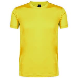 A short-sleeved adult t-shirt in bright yellow, featuring a simple design with a logo on the front.